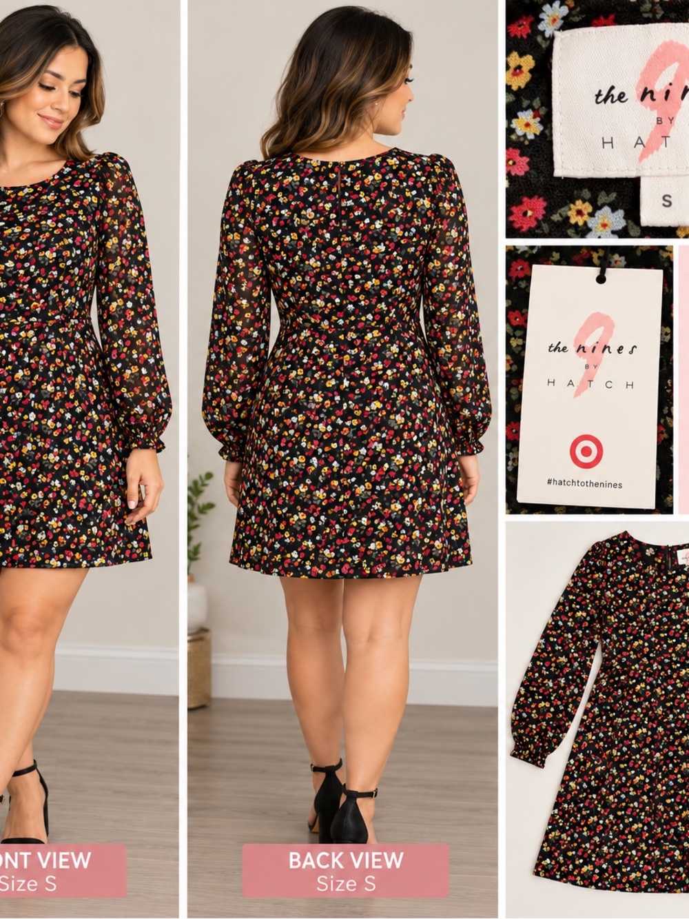 Hatch Black Floral Long Sleeve Mini Dress with Multicolor Blossoms size S NWT